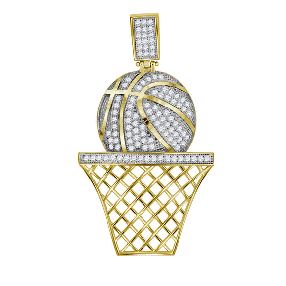 10kt Gold Two-tone Cubic-zirconia Mens Basket Ball Ht:52.1mm x W:29mm Sports Charm Pendant