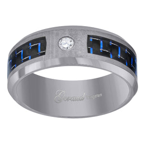 Tungsten Blue-Black Carbon Fiber Inlay CZ Mens Comfort-fit 8mm Size-7 Wedding Band