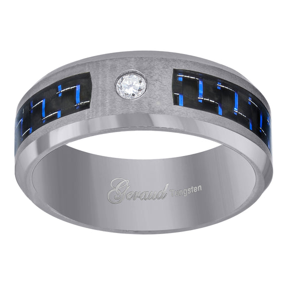 Tungsten Blue-Black Carbon Fiber Inlay CZ Mens Comfort-fit 8mm Size-7 Wedding Band