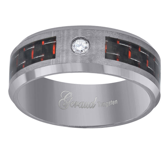 Tungsten Red-Black Carbon Fiber Inlay CZ Mens Comfort-fit 8mm Size-7 Wedding Band