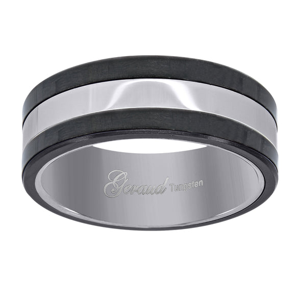 Tungsten Black & White Mens Comfort-fit 8mm Size-7 Wedding Band