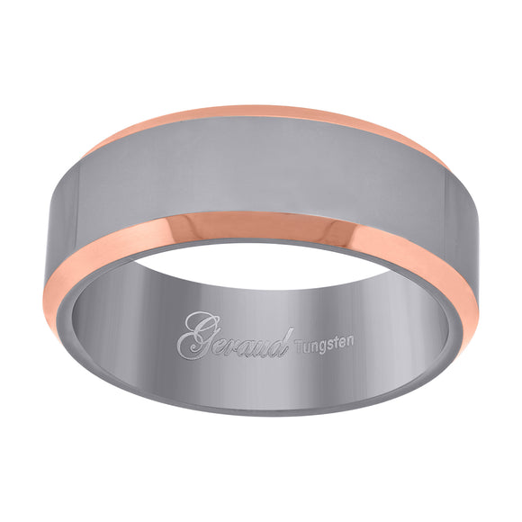 Tungsten Polished Mens Comfort-fit with Rose Gold-toned Beveled Edges 8mm Size-7 Wedding Band