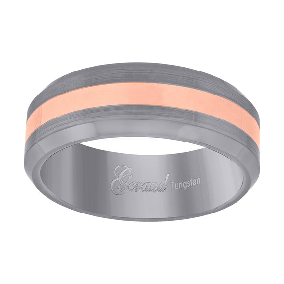 Tungsten Rose-tone Inlay Brushed Sides Comfort-fit 8mm Size-7 Wedding Band