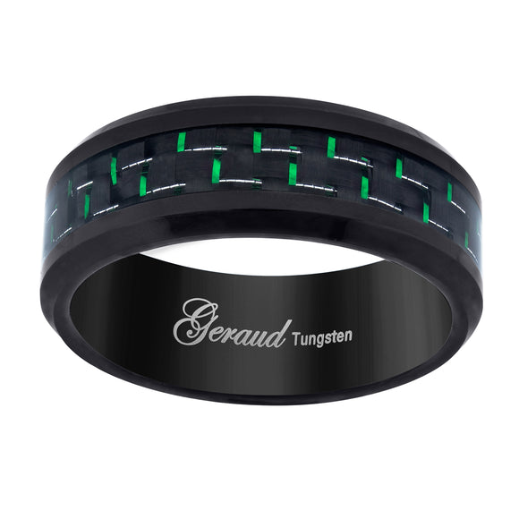 Tungsten Green-Black Carbon Fiber Inlay Comfort-fit 8mm Size-7 Wedding Band