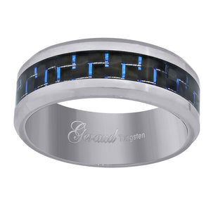 Tungsten Blue Carbon Fiber Inlay Polished Beveled Edges Mens Comfort-fit 8mm Size-7 Wedding Band