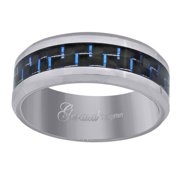 Tungsten Blue Carbon Fiber Inlay Polished Beveled Edges Mens Comfort-fit 8mm Size-7 Wedding Band