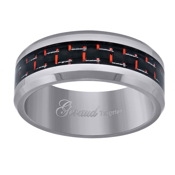 Tungsten Red Carbon Fiber Inlay Polished Beveled Edges Mens Comfort-fit 8mm Size-7 Wedding Band
