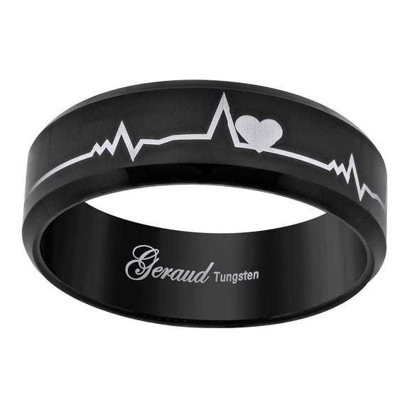 Tungsten Black Heart Beat EKG Mens Comfort-fit 8mm Size-7 Wedding Band