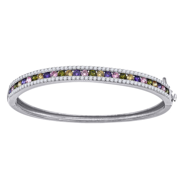 925 Sterling Silver Women Multi-color Cubic Zirconia 3-Rows Bangle