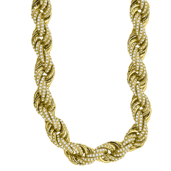 925 Sterling Silver Yellow-Tone Men Cubic Zirconia Iced Rope 11mm Chain Size 28 Inches