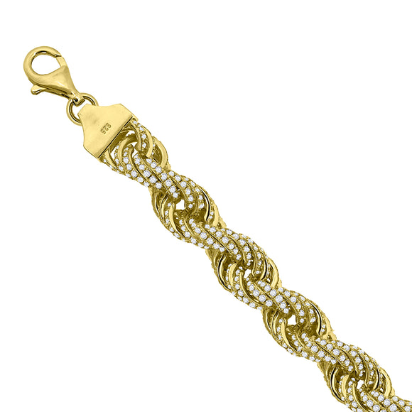 925 Sterling Silver Yellow-Tone Men Cubic Zirconia Iced Rope 11mm Bracelet Size 9.5 Inches