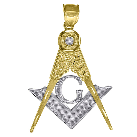 10kt Gold Two-tone Textured Mens Masonic Ht:55.1mm x W:35.1mm Religious Charm Pendant