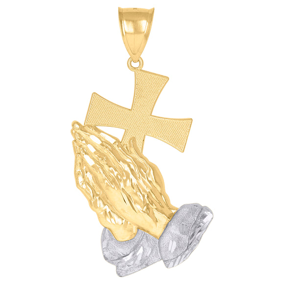 10kt Two-tone Gold Mens Women Praying Hands Cross Religious Charm Pendant
