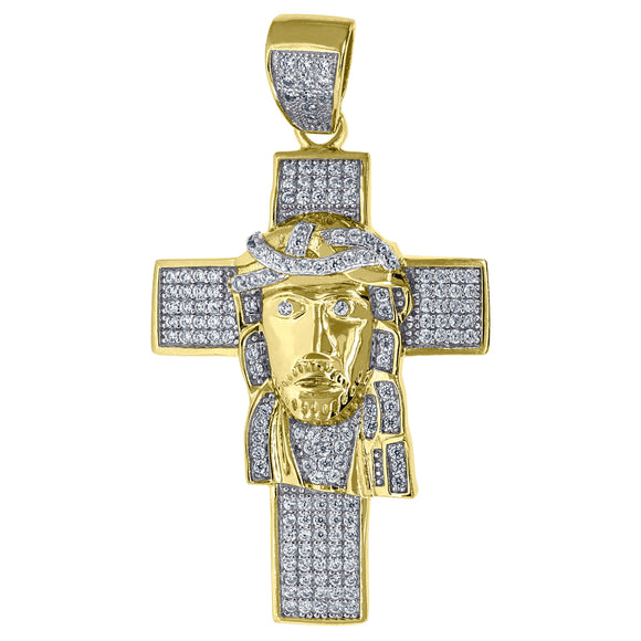 925 Sterling Silver Yellow-tone Mens CZ Jesus Cross Religious Charm Pendant