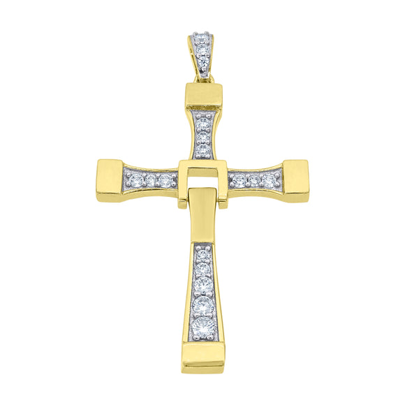 925 Sterling Silver Yellow-tone Unisex CZ Cross Religious Charm Pendant