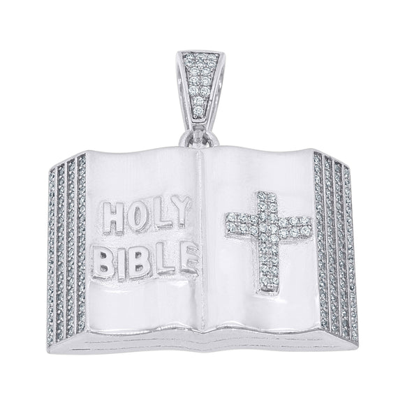 925 Sterling Silver Mens Cubic Zirconia Religious Holy Bible Cross Charm Pendant