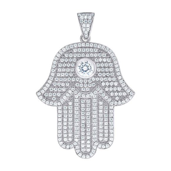 925 Sterling Silver Mens Cubic Zirconia Religious Hamsa Charm Pendant