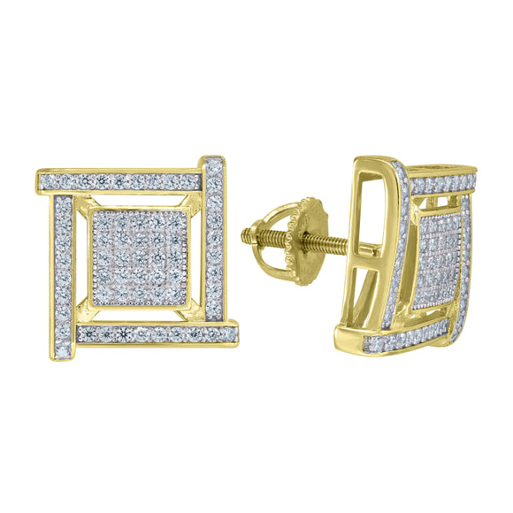 925 Sterling Silver Yellow-tone Unisex Cubic Zirconia Square Stud Earrings