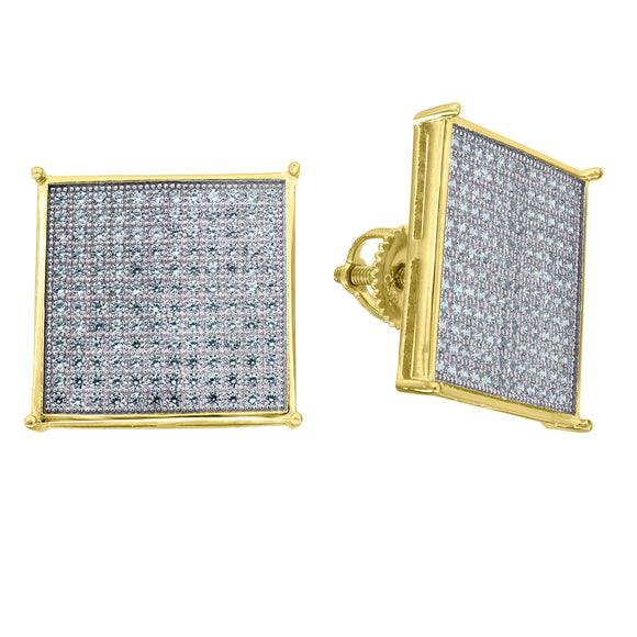 925 Sterling Silver Yellow-Tone Mens Cubic Zirconia Square Stud Earrings