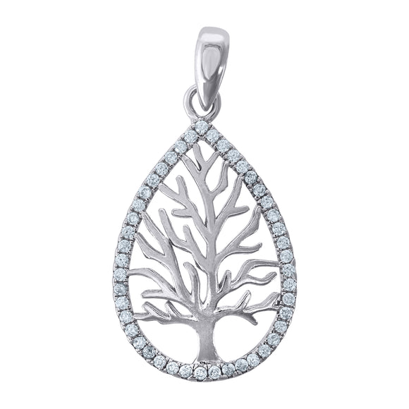925 Sterling Silver Womens Cubic Zirconia Tree Of Life Teardrop Charm Pendant