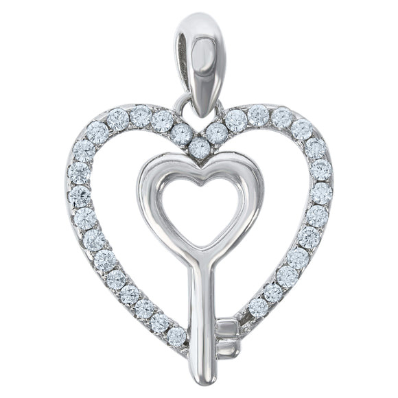 925 Sterling Silver Womens Cubic Zirconia Heart Key Charm Pendant