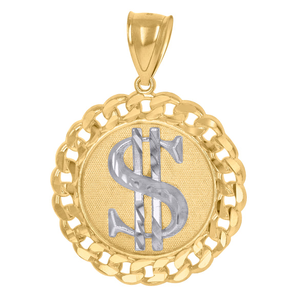 10kt Gold Two-tone Diamond-cut Mens Dollar Sign Ht:41.9mm x W:30.4mm Currency Charm Pendant