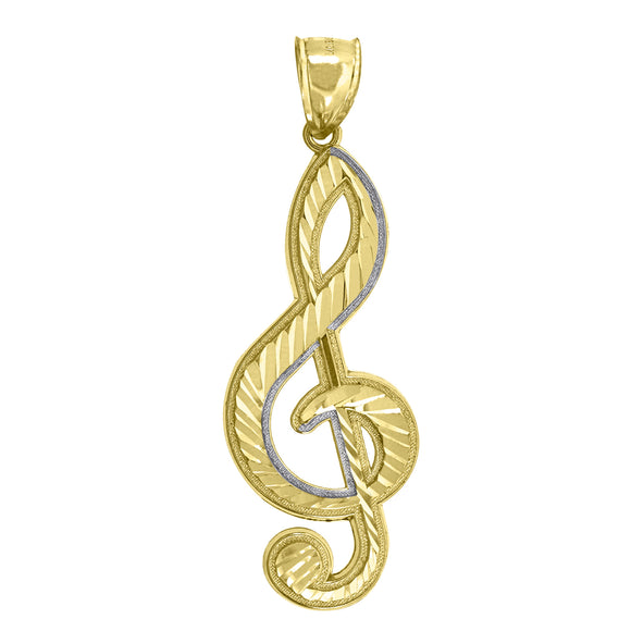 10kt Two-tone Gold Mens Diamond-Cut Treble Clef Music Note Charm Pendant