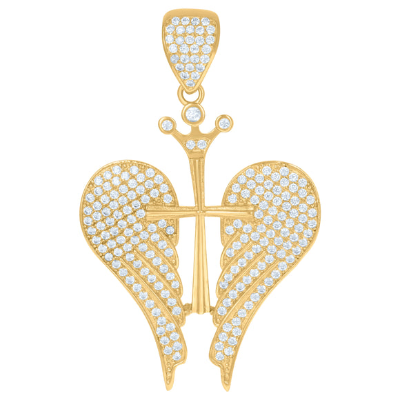 10kt Yellow Gold Cubic-zirconia Mens Cross Angel Wings Ht:44.2mm x W:23mm Religious Charm Pendant