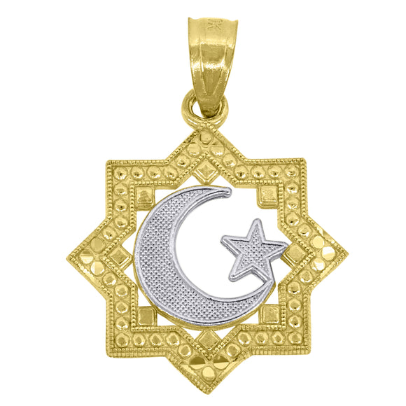 10kt Gold Two-tone Textured Womens Crescent Moon Star Ht:21.5mm x W:14.4mm Religious Charm Pendant