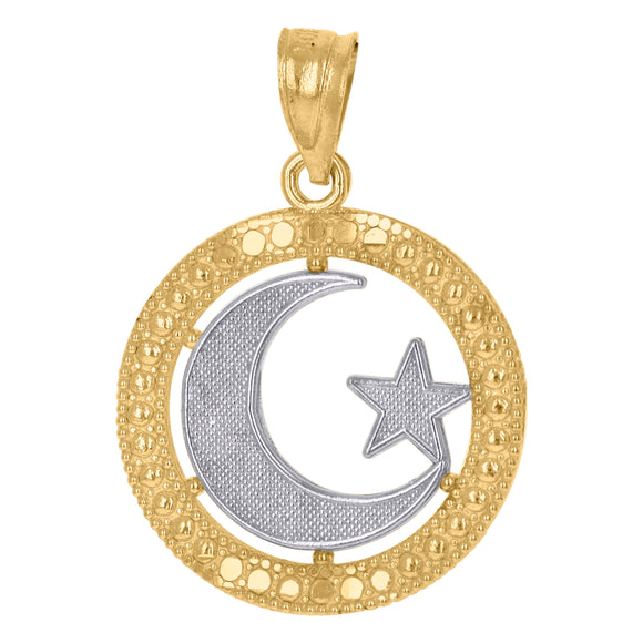 10kt Gold Two-tone Textured Womens Crescent Moon Star Ht:20.9mm x W:15.7mm Religious Charm Pendant