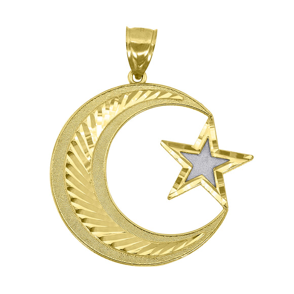 10kt Gold Two-tone Diamond-cut Unisex Crescent Moon Star Ht:39.4mm x W:49.1mm Religious Charm Pendant