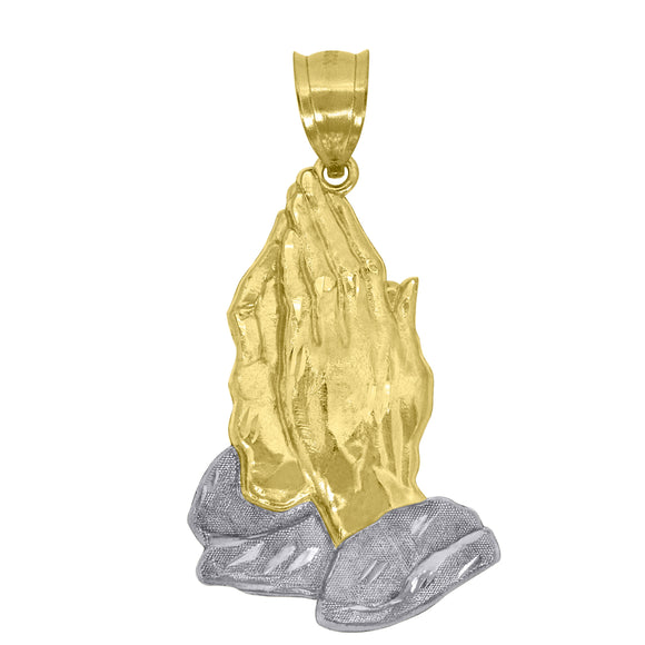 10kt Gold Two-tone Diamond-cut Textured Unisex Praying Hands Ht:39.3mm x W:13.1mm Religious Charm Pendant