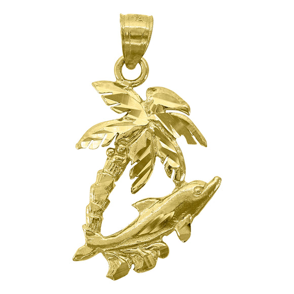 14kt Yellow Gold Unisex Dolphin Tree Animal Ht:26.5mm Pendant Charm