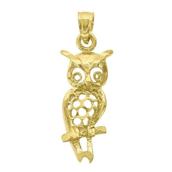 14kt Yellow Gold Womens Diamond-cut Owl Bird Ht:26.3mm Pendant Charm
