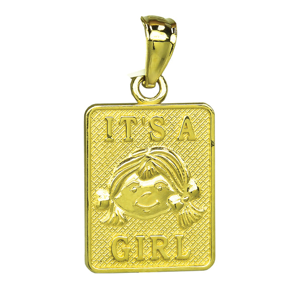 14kt Yellow Gold Baby Textured It's a Girl Charm Baby Pendant