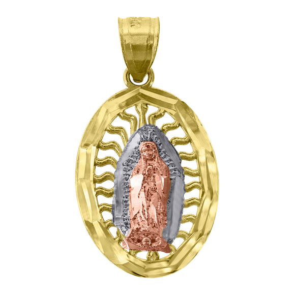 14kt Gold Unisex Tri-color Diamond-cut Guadalupe Mary Oval Religious Ht:14mm Pendant Charm