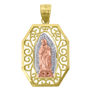 14kt Tri-color Gold Unisex Diamond-cut Textured Lady Of Guadalupe Religious Charm Pendant