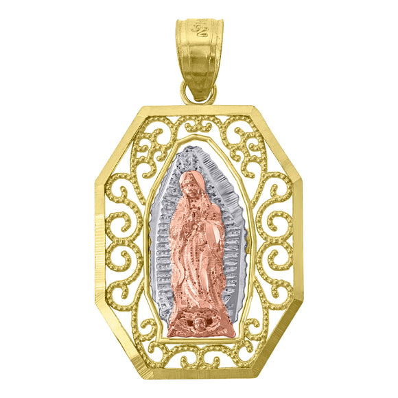 14kt Tri-color Gold Unisex Diamond-cut Textured Lady Of Guadalupe Religious Charm Pendant