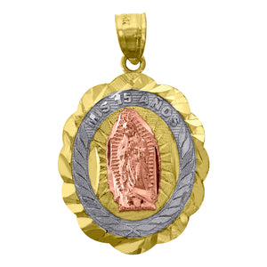 14kt Gold Womens Tri-color Diamond-cut Mis 15 Anos Guadalupe Oval Quinceanera Ht:29.2mm Pendant Charm