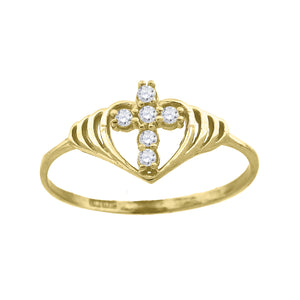 14kt Yellow Womens Gold Cubic Zirconia Cross Heart Ring