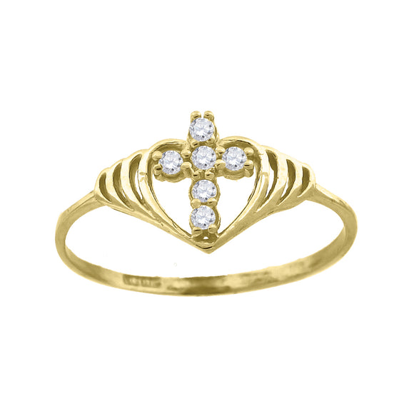 14kt Yellow Womens Gold Cubic Zirconia Cross Heart Ring