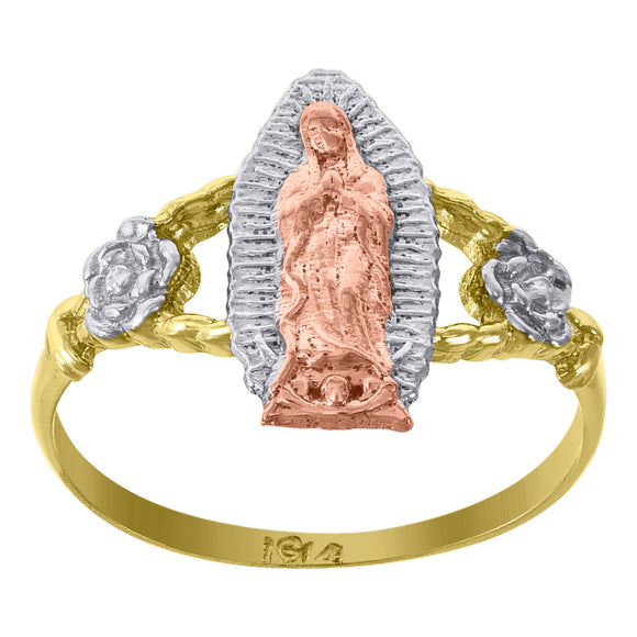14kt Gold Womens Tri-color CZ Guadalupe Mary Flower SZ7 Religious Ring Band