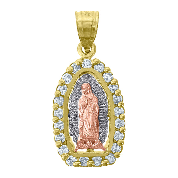 14kt Gold Unisex Tri-color CZ Guadalupe Mary Religious Ht:25.5mm Pendant Charm