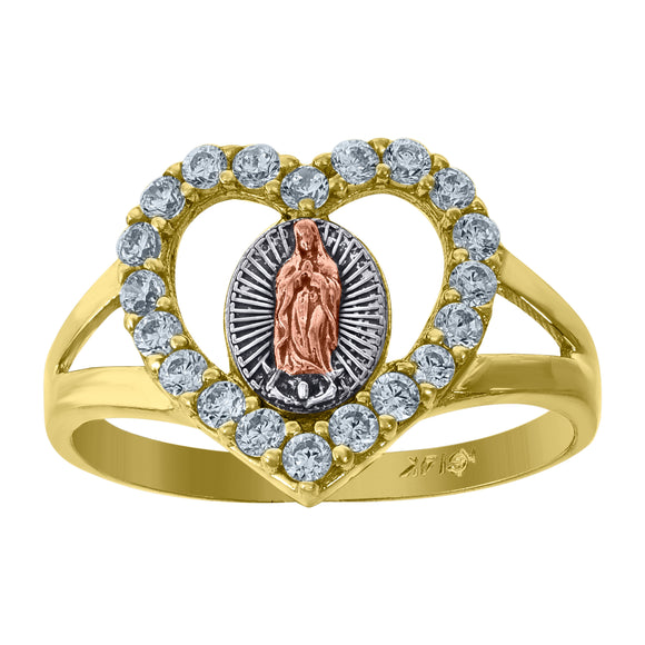 14kt Gold Womens Tri-color CZ Guadalupe Mary Heart SZ7 Religious Ring Band