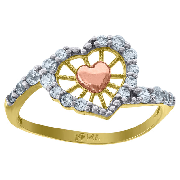 14kt Gold Womens Tri-color CZ Heart SZ7 Love Ring Band