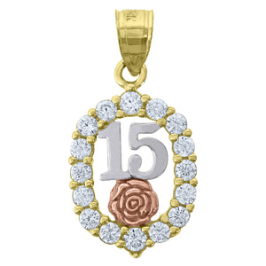 14kt Gold Womens Tri-color CZ 15 Anos Flower Oval Quinceanera Ht:24.6mm Pendant Charm
