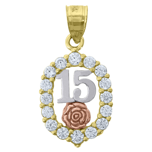 14kt Gold Womens Tri-color CZ 15 Anos Flower Oval Quinceanera Ht:24.6mm Pendant Charm