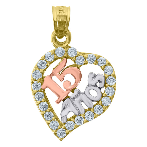 14kt Gold Womens Tri-color CZ 15 Anos Heart Quinceanera Ht:21.4mm Pendant Charm
