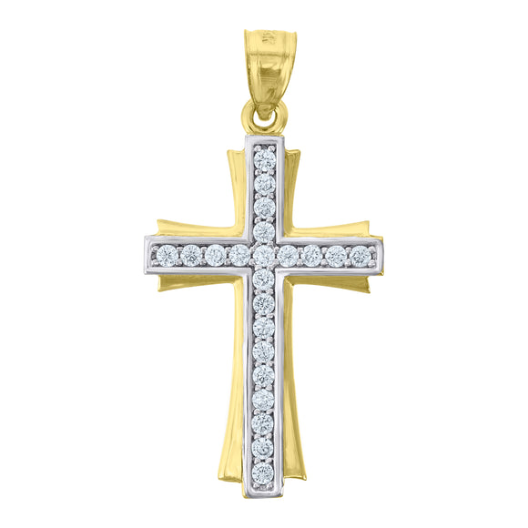 14kt Gold Unisex Two-tone CZ Cross Religious Pendant Charm
