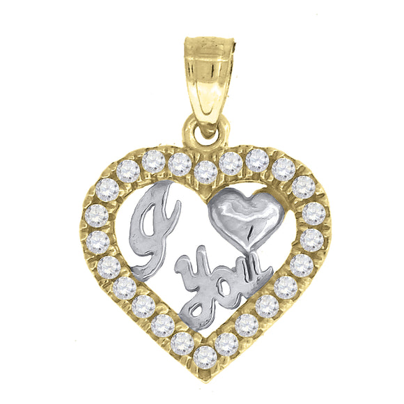 14kt Gold Womens Two-tone Diamond-cut I love You Ht:19.3mm Heart Pendant Charm